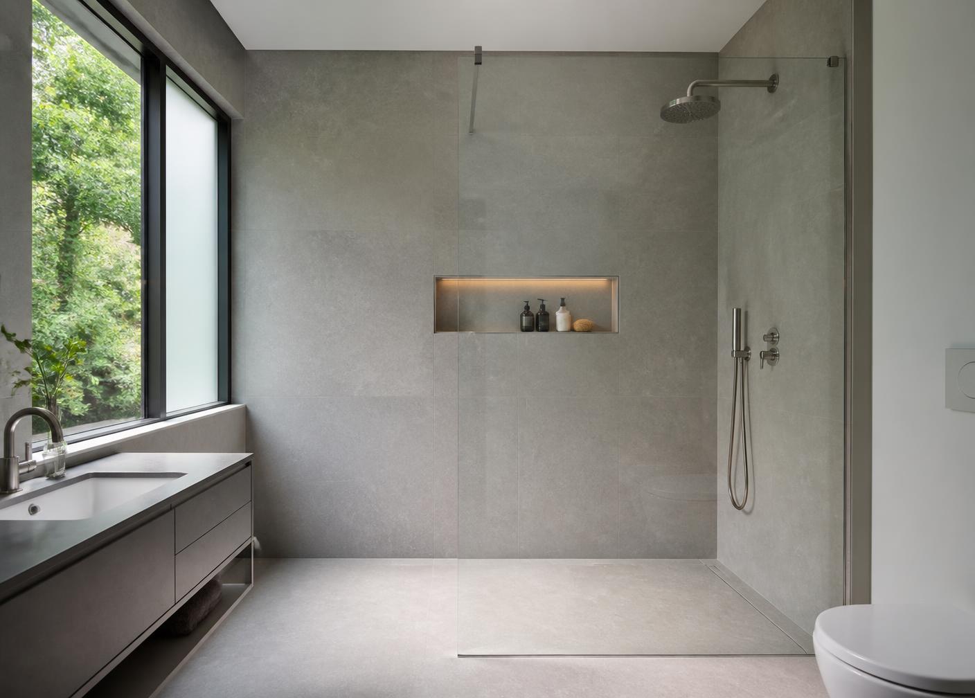 Douche en verre sur mesure installée dans une salle de bain résidentielle