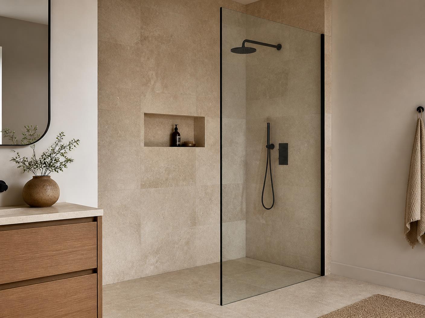 Douche italienne délimitée par un panneau fixe en verre trempé