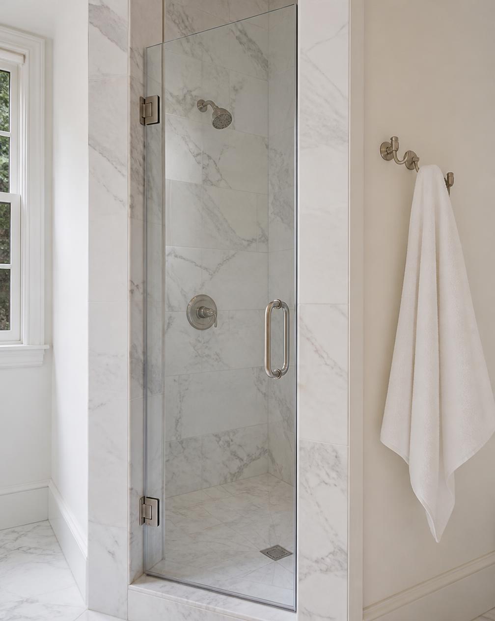 Porte de douche pivotante en verre avec quincaillerie nickel brossé